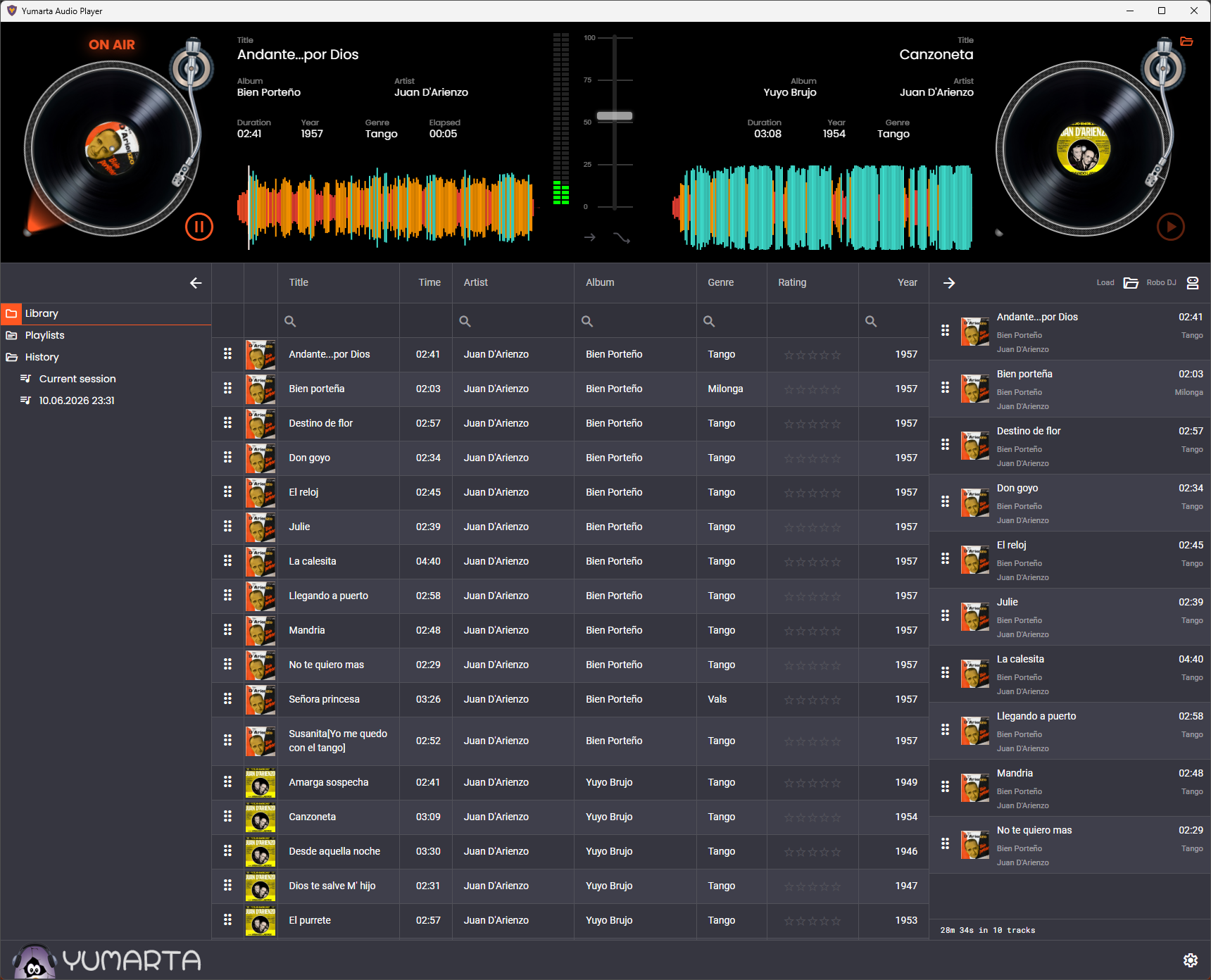 Yumarta Audio Player interface showing dual vinyl decks, live waveforms, the track library, and the RoboDJ queue.